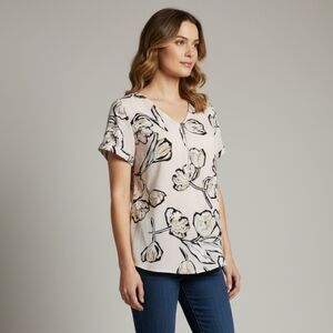 Apt 9 Women's Light Pink Floral Print Zip Up Short Sleeve Blouse Size XS EUC